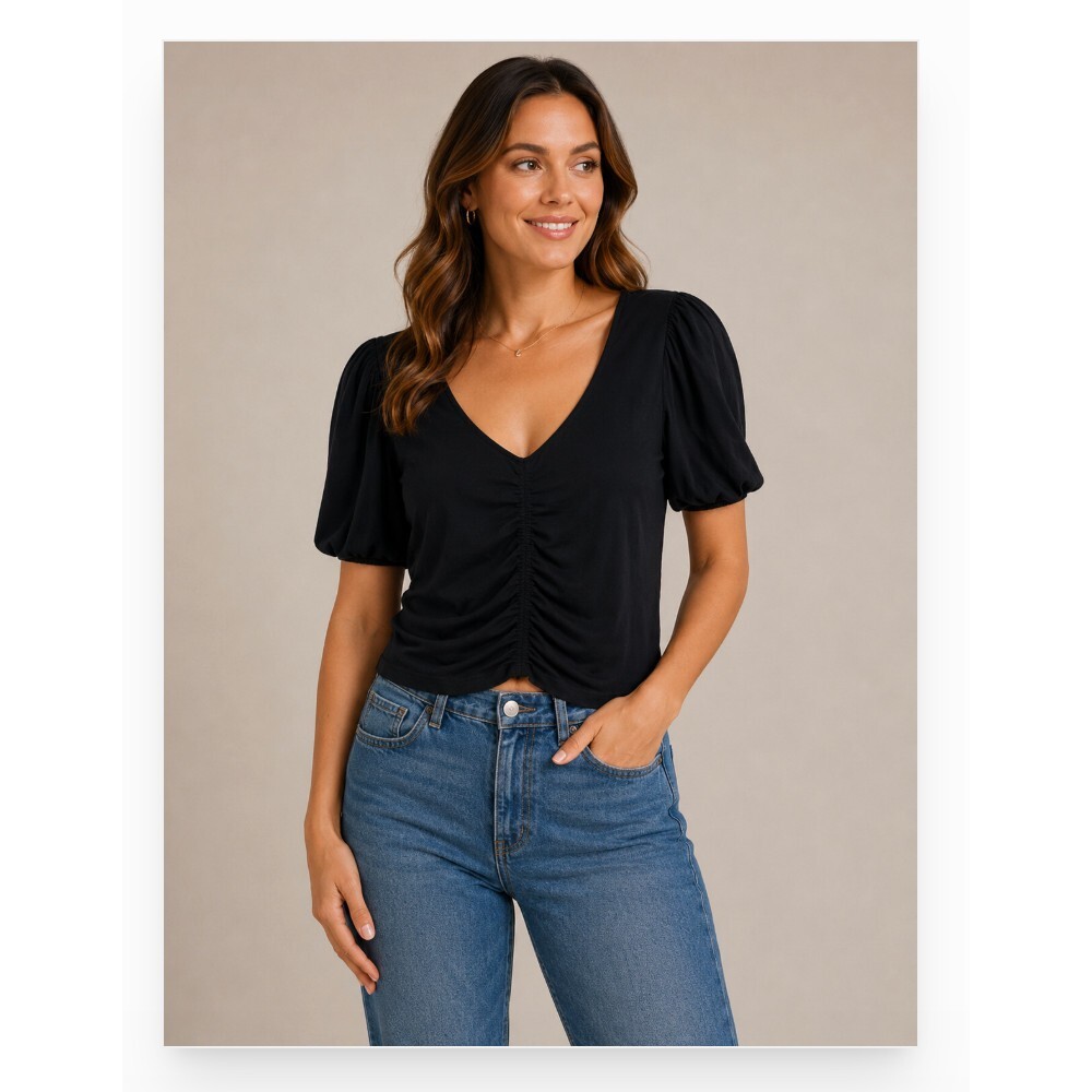 FRAME Shirt Womens Small Black Ruched V Neck Puff Short Sleeve Jersey Top Blouse